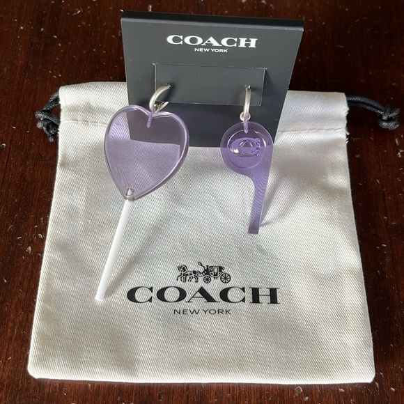 Coach Heart Lollipop And Whistle Mismatch Earrings Purple NWT - Picture 4 of 7